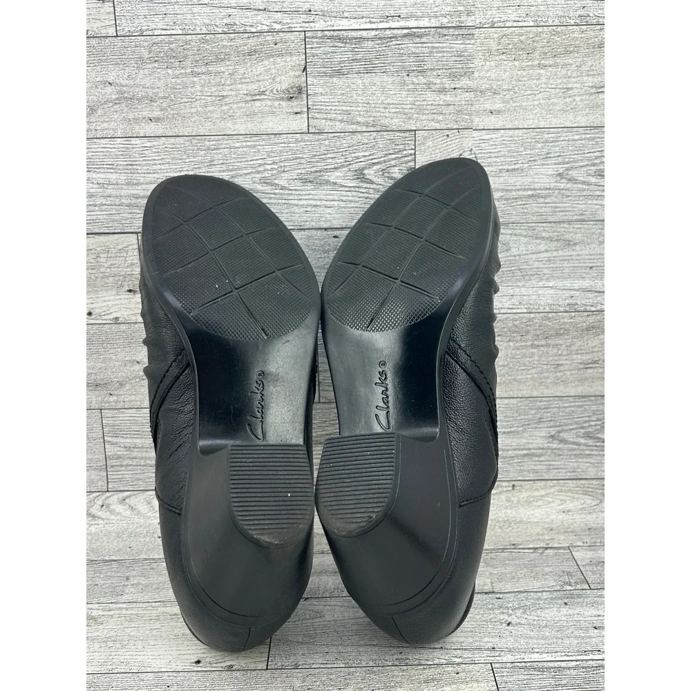 Clarks Collection Women Black Leather Ruched Shooties Block‎ Heel Size 8W